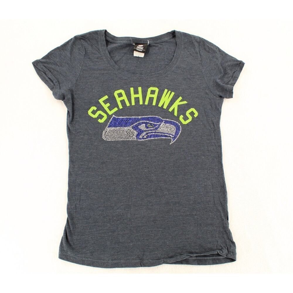 Team Apparel Women's T Shirt Bling Seattle Seahawks Football Rhinestone Med